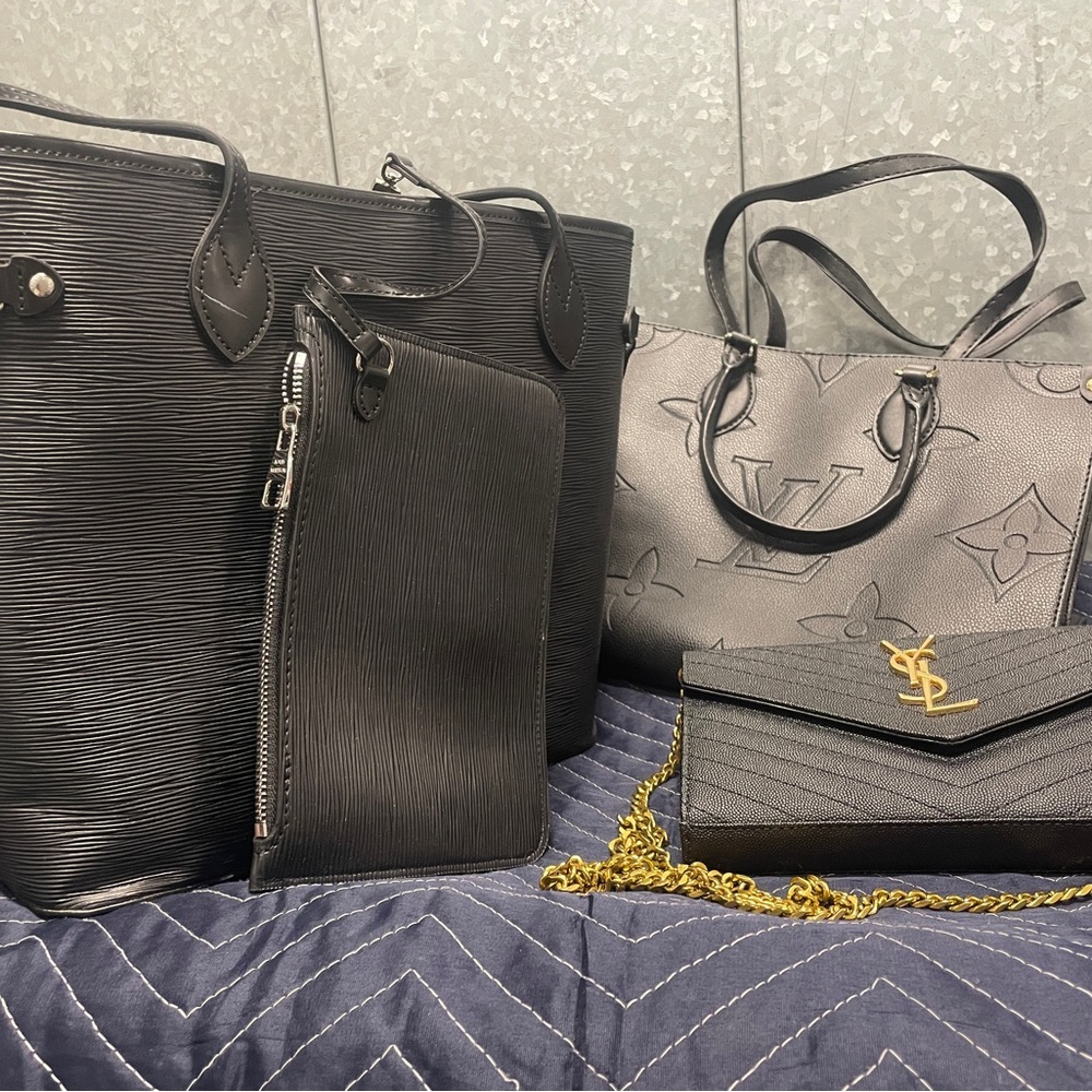 Black and Gray Designer Tote and Wallet Bags (three pieces in one setting)